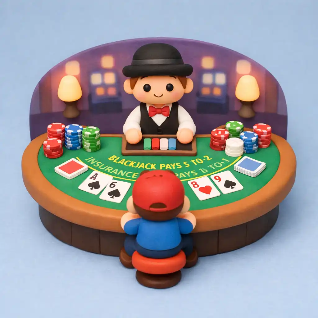 Diorama stołu do blackjacka z kartami, żetonami i figurkami graczy w stylu clay