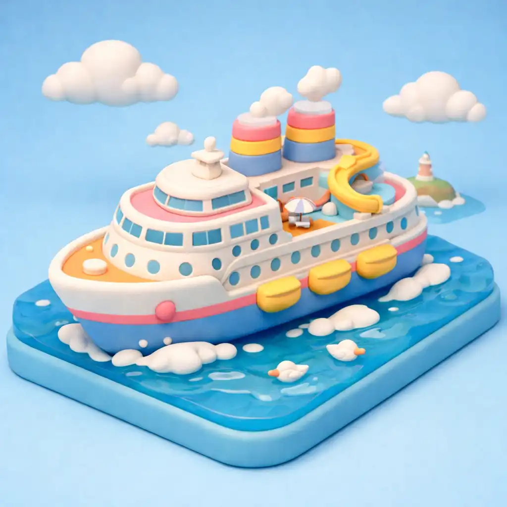 Miniaturowa diorama statku wycieczkowego w stylu Toy 3D z pastelowymi kolorami i miękkim oświetleniem