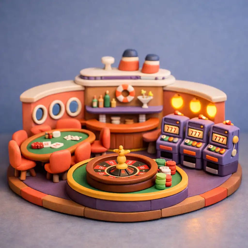 Miniaturowa diorama kasyna na statku z kołem ruletki, stołem do pokera i automatami