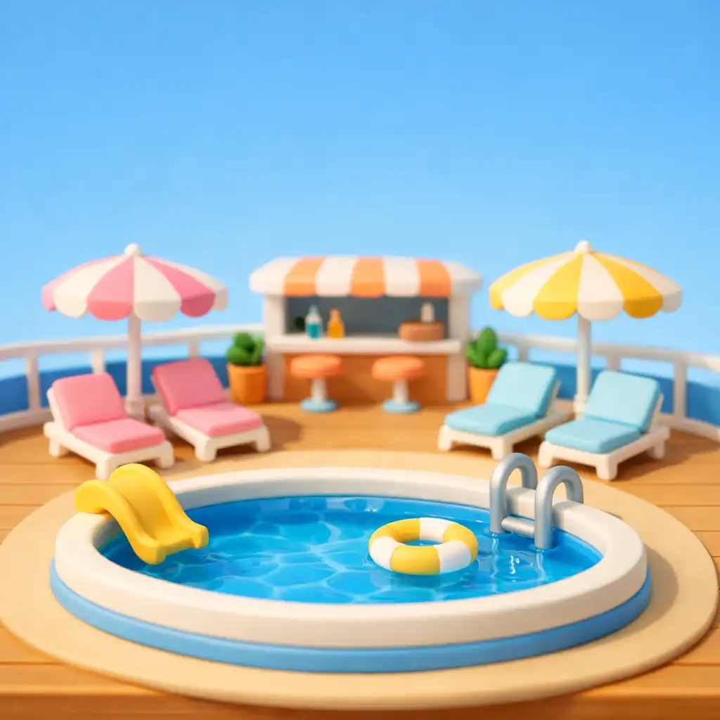 Miniaturowa diorama pokładu basenowego z basenem, leżakami i parasolami