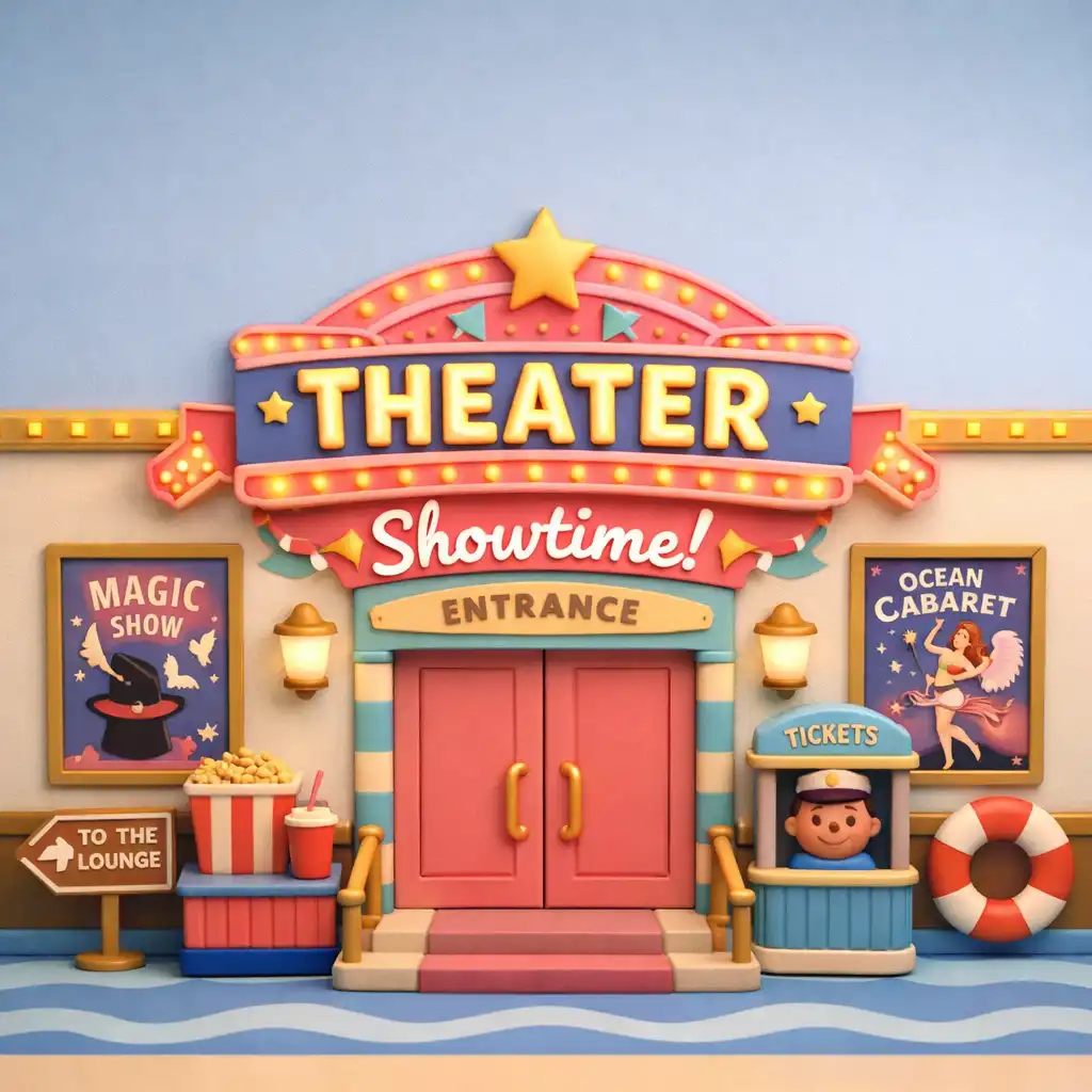 Miniaturowa diorama pokładu rozrywkowego z wejściem do teatru, neonami i plakatami