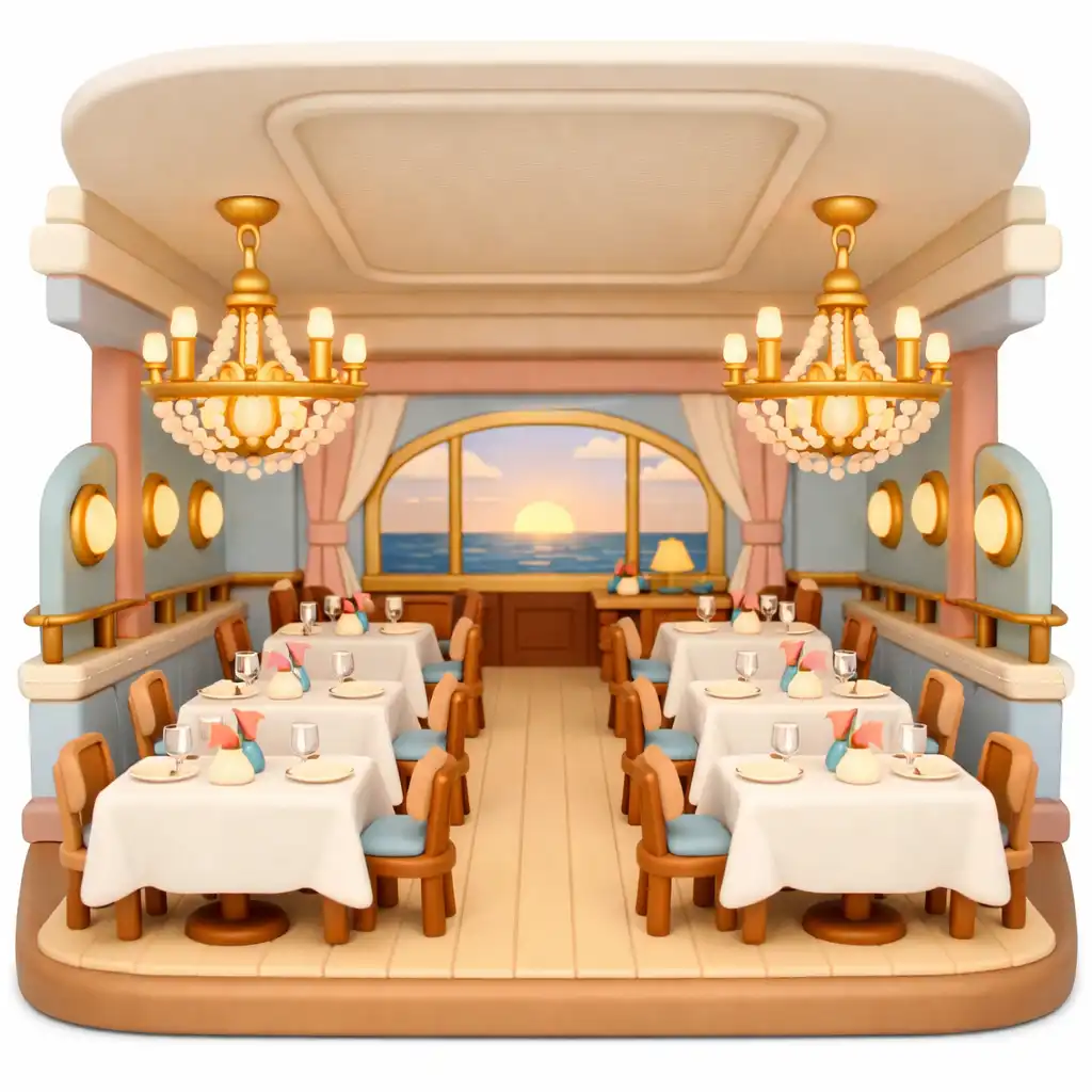 Miniaturowa diorama eleganckiej restauracji z białymi obrusami, krzesłami i żyrandolami
