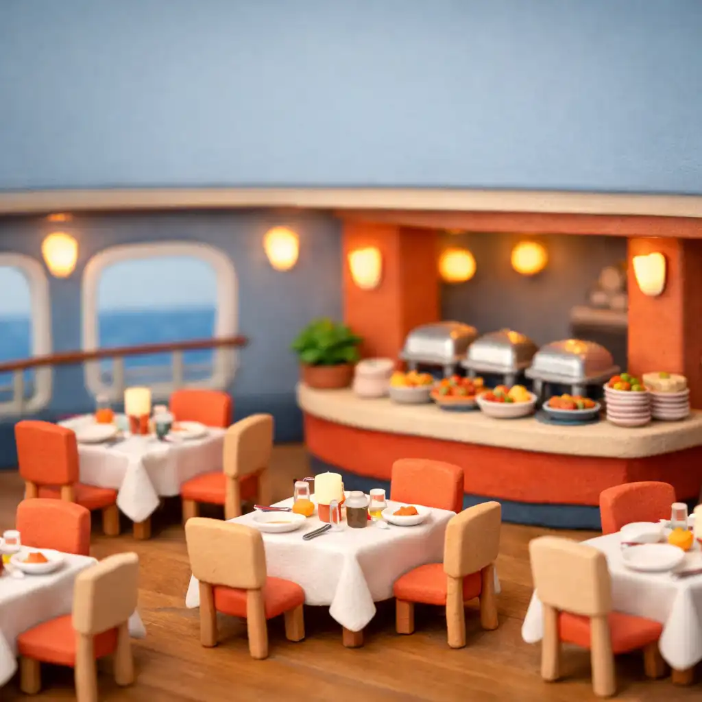 Miniaturowa diorama restauracji na statku z nakrytymi stolikami i stacją bufetową