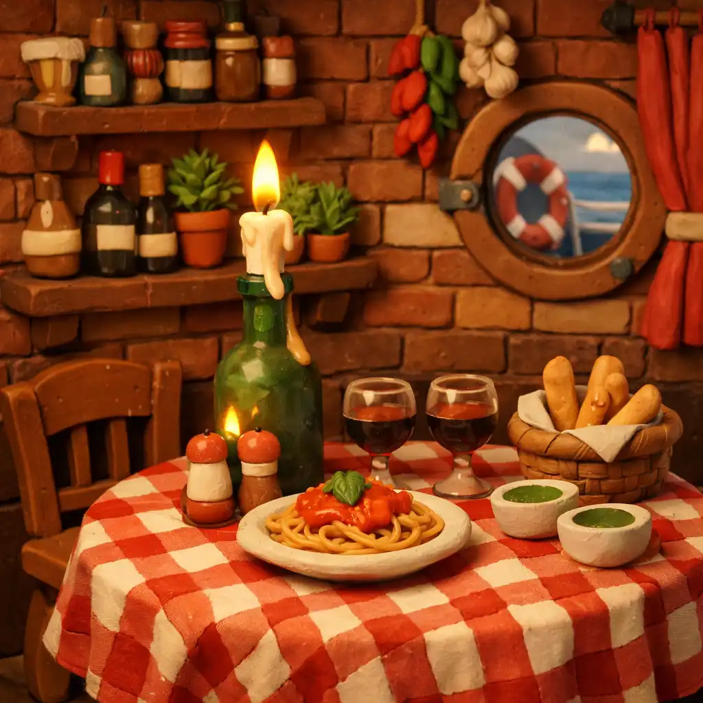 Miniaturowa diorama restauracji specjalistycznej z talerzami sushi i pałeczkami